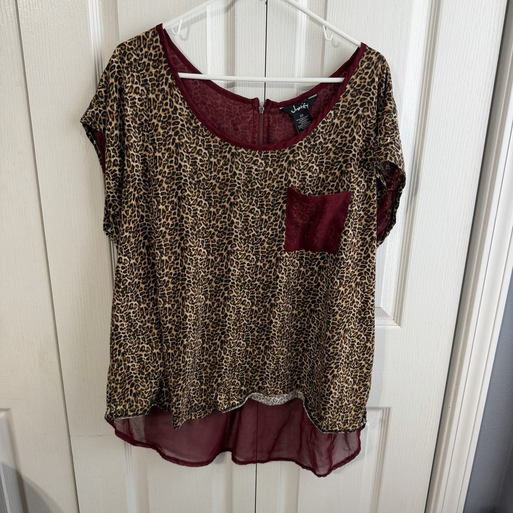 Justify Leopard Animal Print Maroon Accent Shirt Women's Size 3X Office Boho